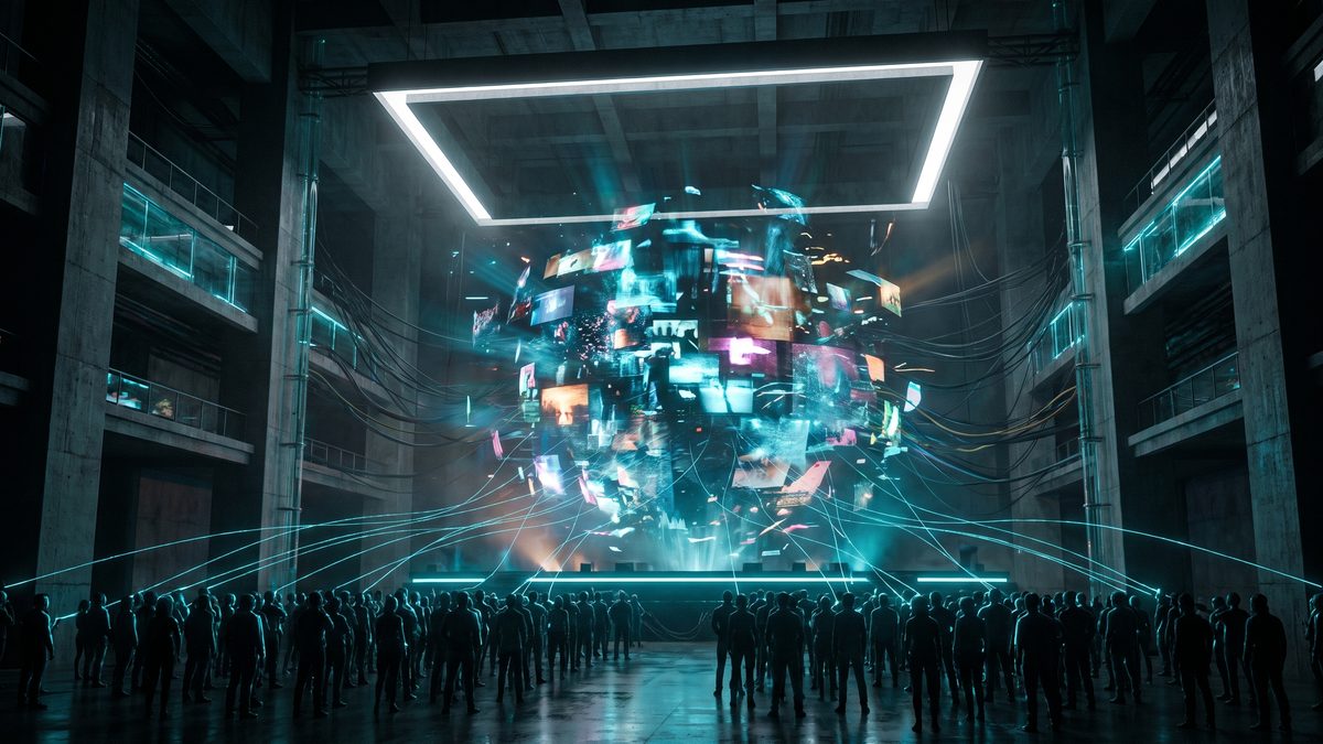 A crowd of silhouettes faces a suspended cloud of fragmented screens, threads of light running from the crowd into the mass.