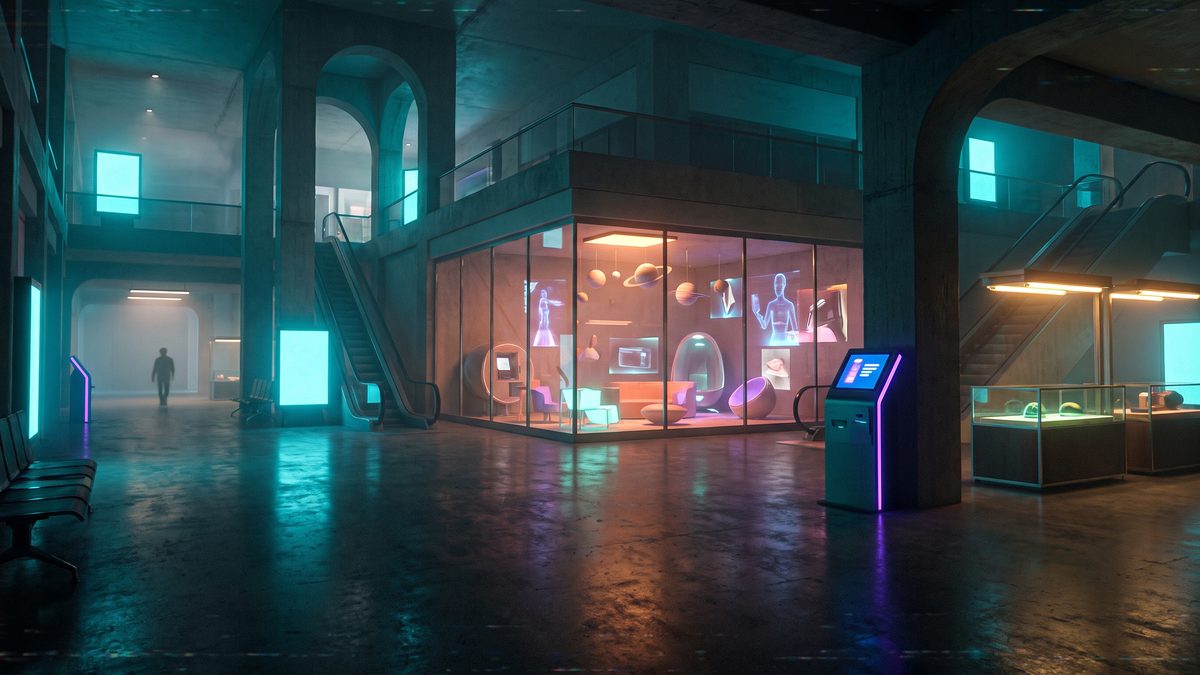 An empty mall concourse at night: escalators, a lit corner storefront full of floating objects, and one distant figure.