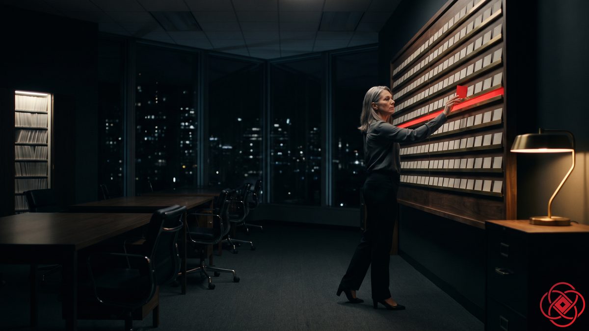 A studio principal alone in a dark office at night, placing a red card into a glowing rail on a wall of blank slots.