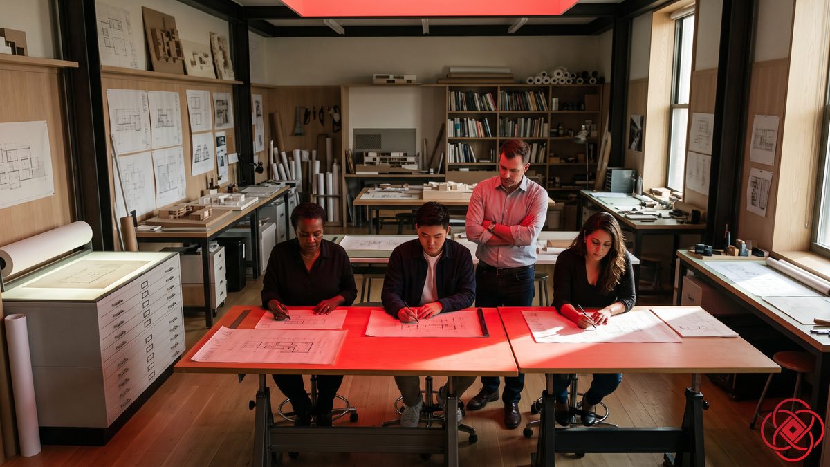 Four people work at drafting boards, each carrying a different drawing, all lit red