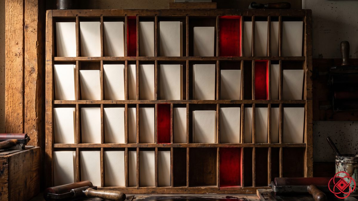 A wall rack of slots holding blank cards, the few empty slots glowing red