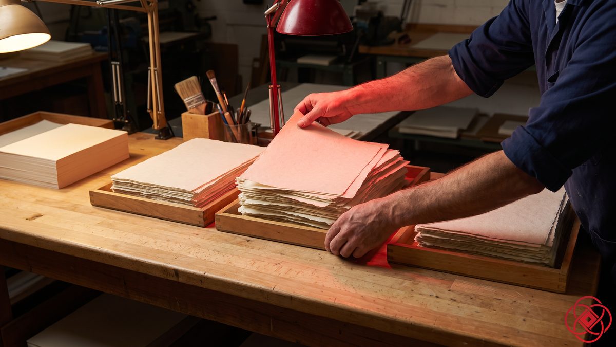 Hands lift one sheet from the fullest of three paper trays, that tray alone lit red