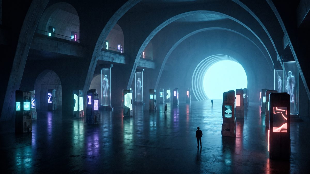 A vast vaulted concrete hall lit blue, lined with standing tanks and lit cases, one figure walking toward a glowing round gate.