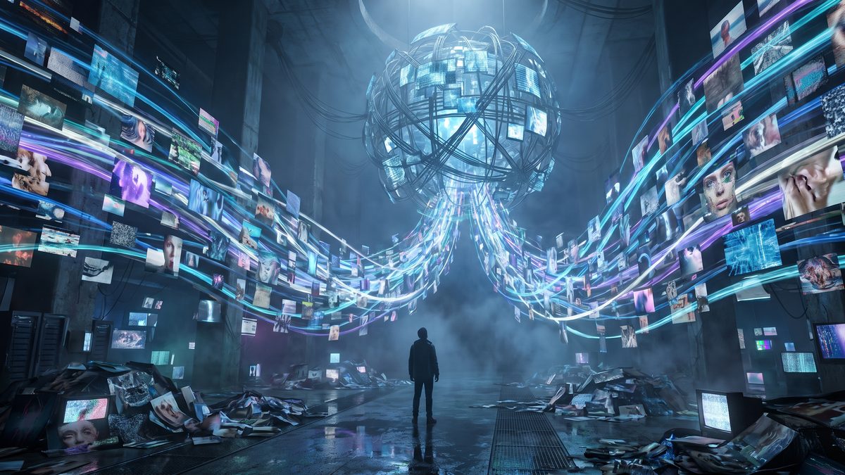 A lone figure faces a giant sphere of screens pouring streams of generated images down the walls, discards heaped on the floor.