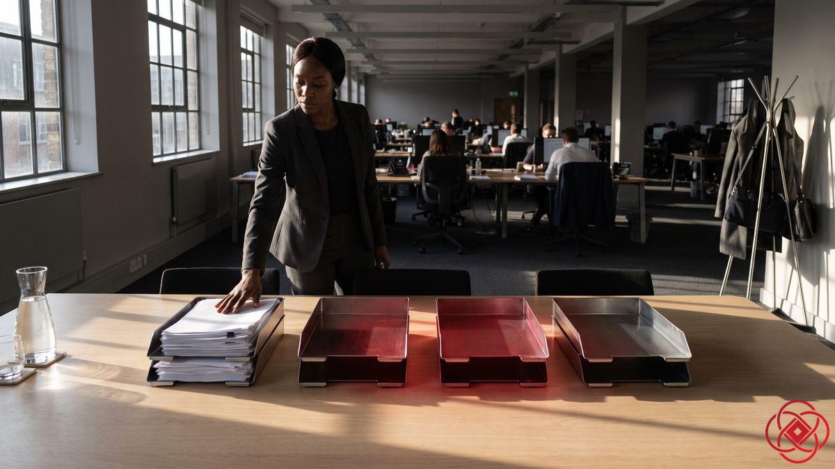 Four document trays on a table in a working office, the first stacked with paper and three empty under a red light.