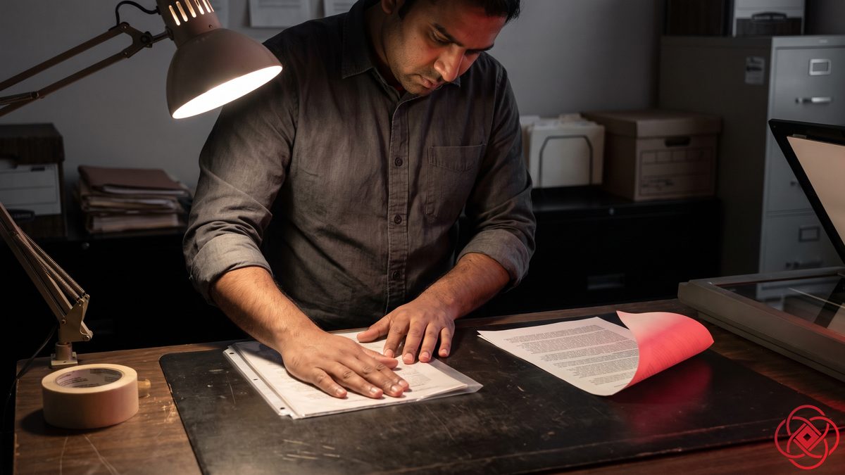 A records clerk presses a page flat inside a clear sleeve while a second loose page curls at the edge under red light.