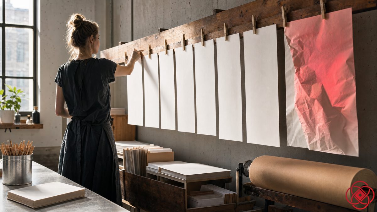 Eight prints hang drying on wooden pegs; the last one is crumpled and lit red.