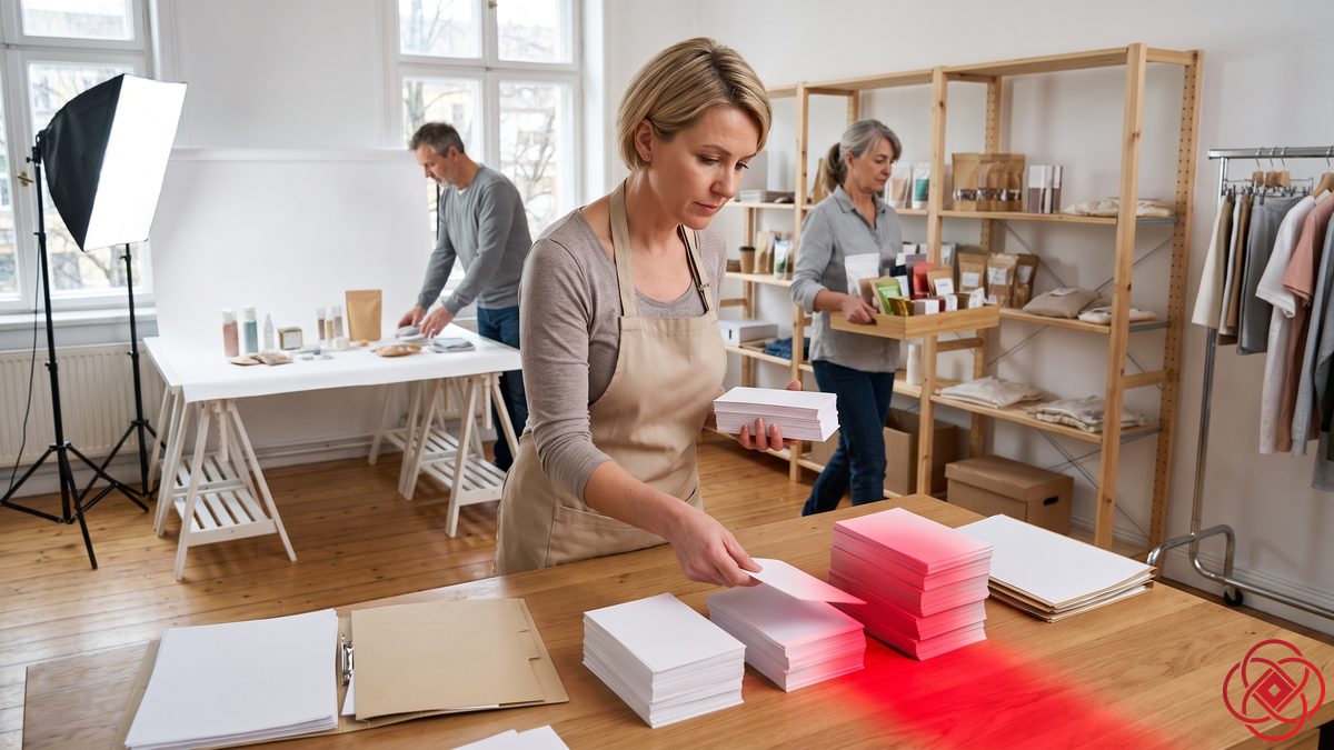 A retailer dealing cards into three piles, the nearest towering over the others in red light