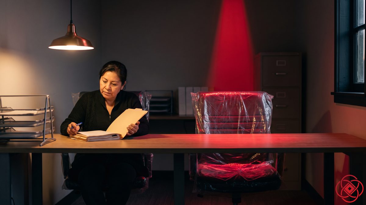 One person works through a folder at a desk while the second chair beside her sits still wrapped in factory plastic.