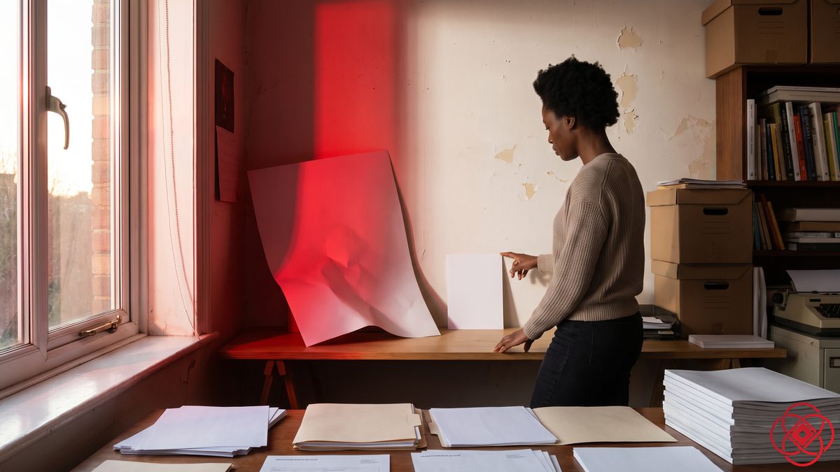 An oversized card buckling forward under red light beside a small one standing straight