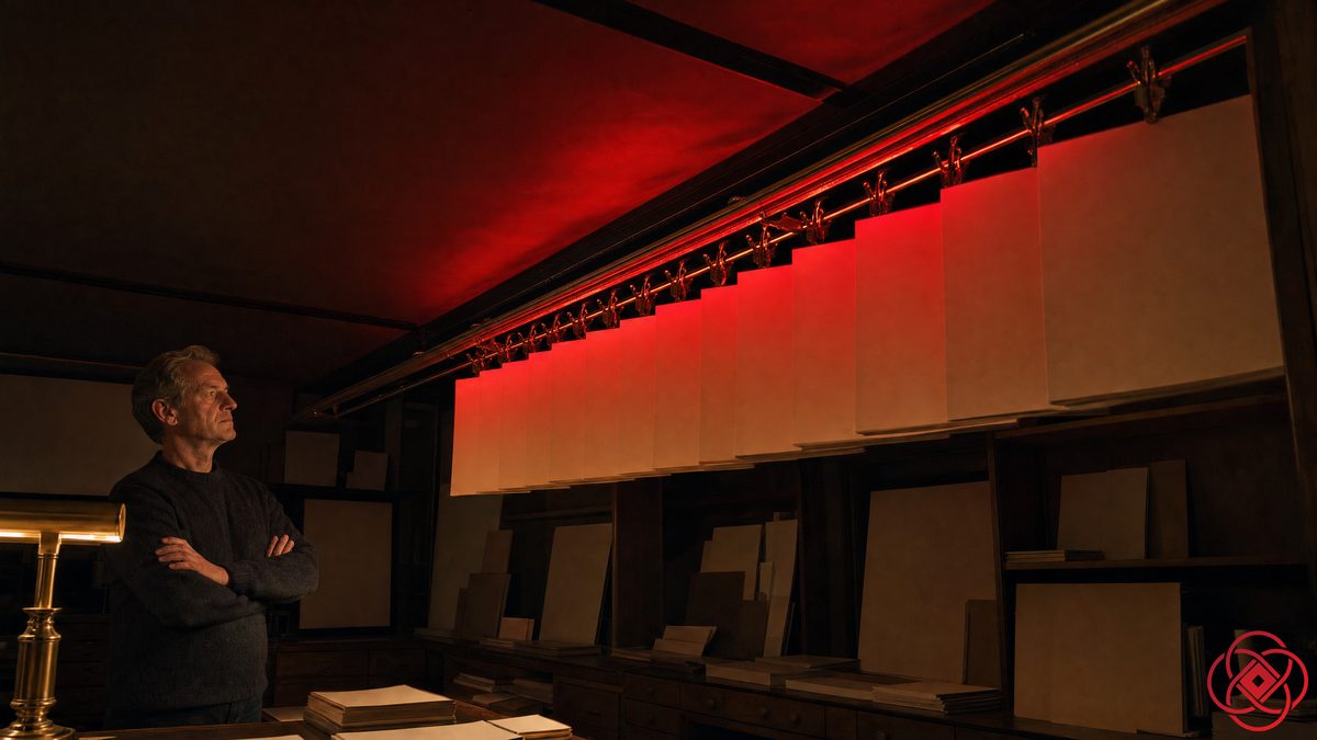 Looking up at a rail of cards crowded edge to edge under red light, a man watching with folded arms.