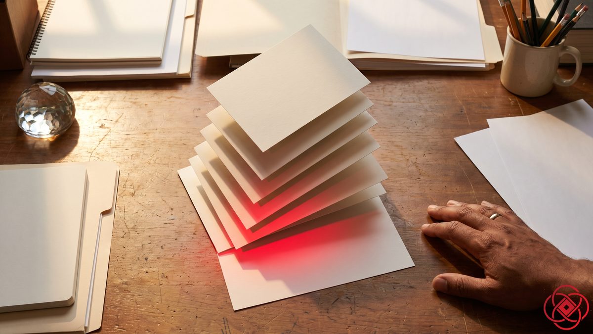 A pyramid of cards leaning where a wider card was pushed under its red-lit base