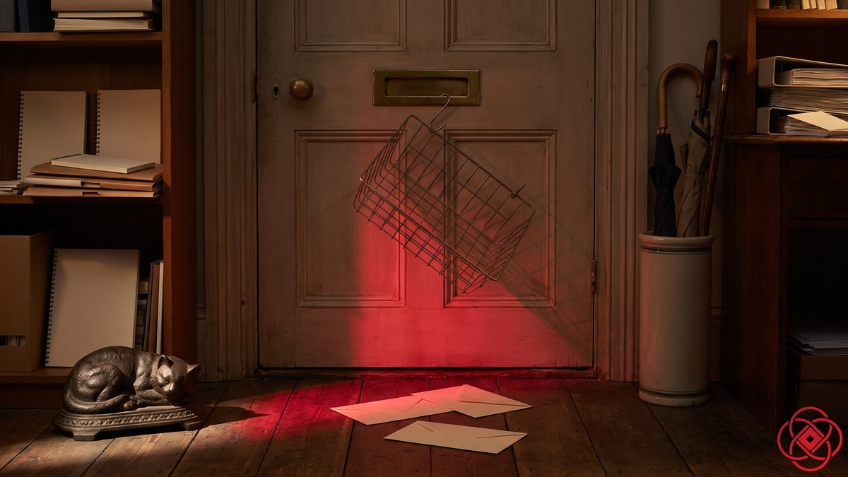 A wire basket hanging off one bracket inside a door, red light on the envelopes it dropped