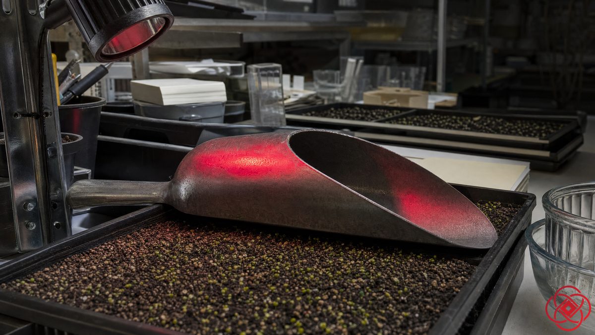 A coarse steel grain scoop lying unused across a tray of fine seed, red light falling along its bare metal.