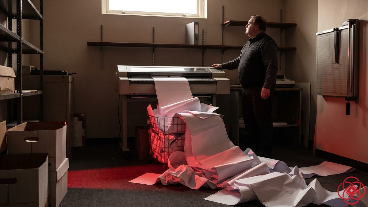 A print room where fanfold paper overflows a basket across the floor in red light while one folder sits on a shelf.