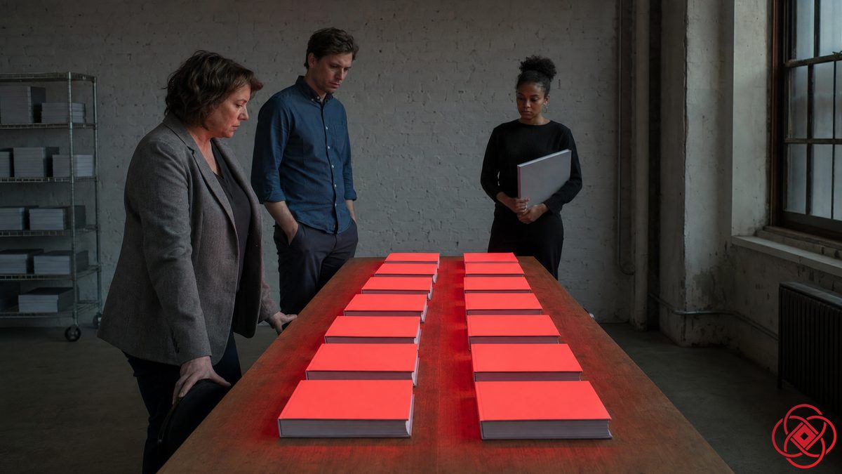 Three colleagues stand over a long table of identical red-lit report volumes in a brick room.