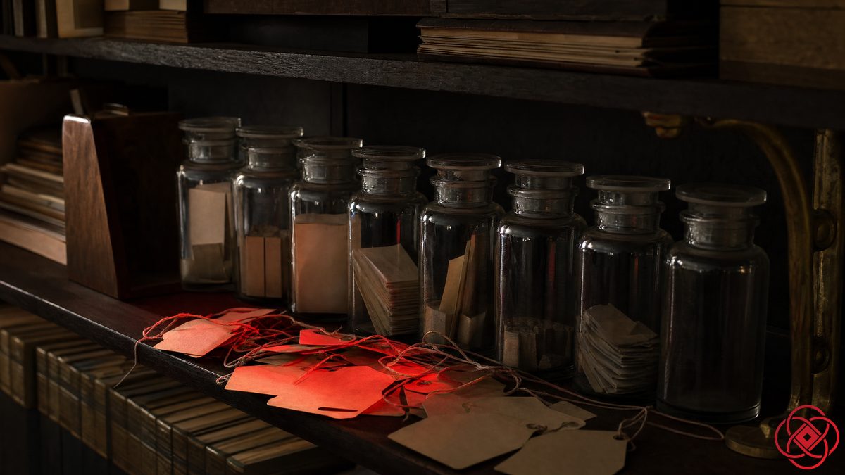 Nine sample jars on a shelf with their string tags come away and heaped loose in red light in front.