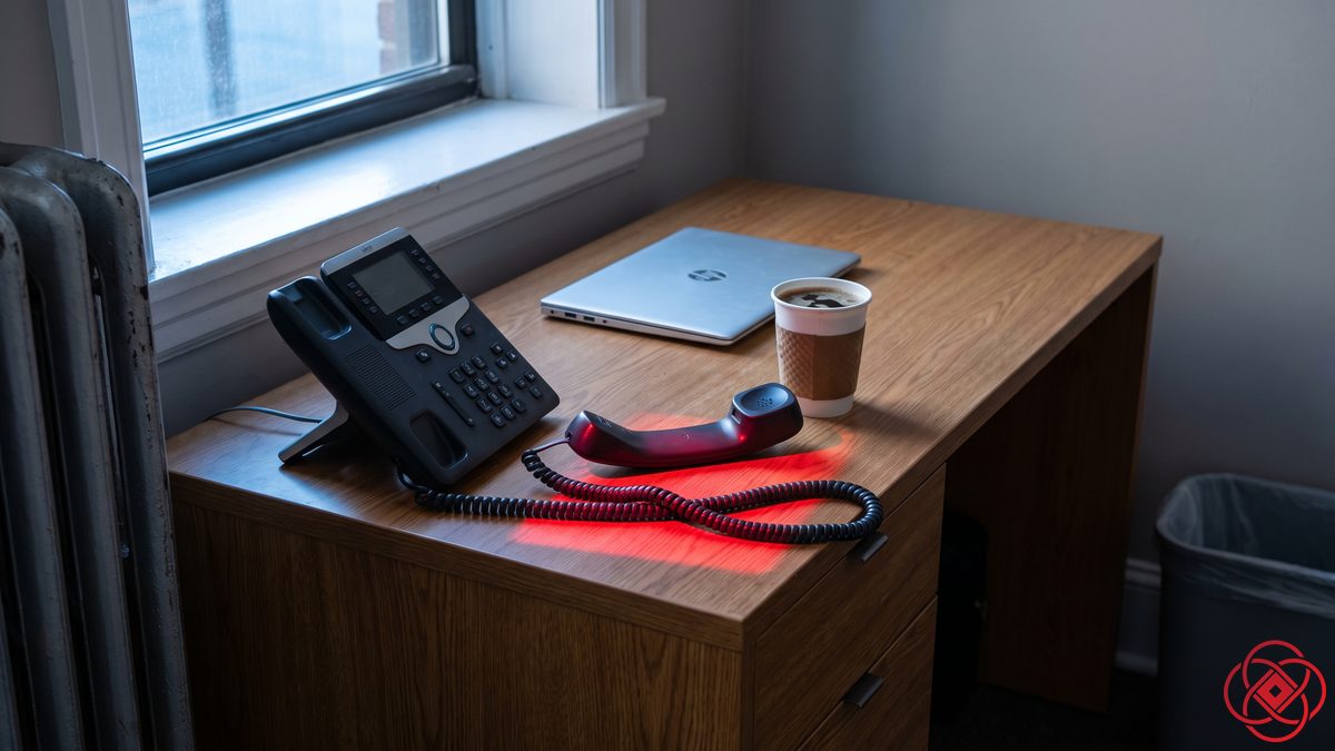 A desk phone with its handset lying off the cradle under red light, cold coffee and a closed laptop beside it