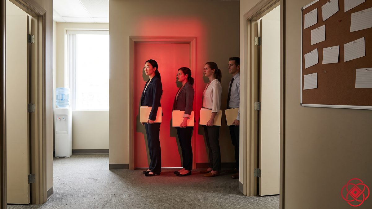 Four people queuing at one red-lit doorway while the doorways either side stand open