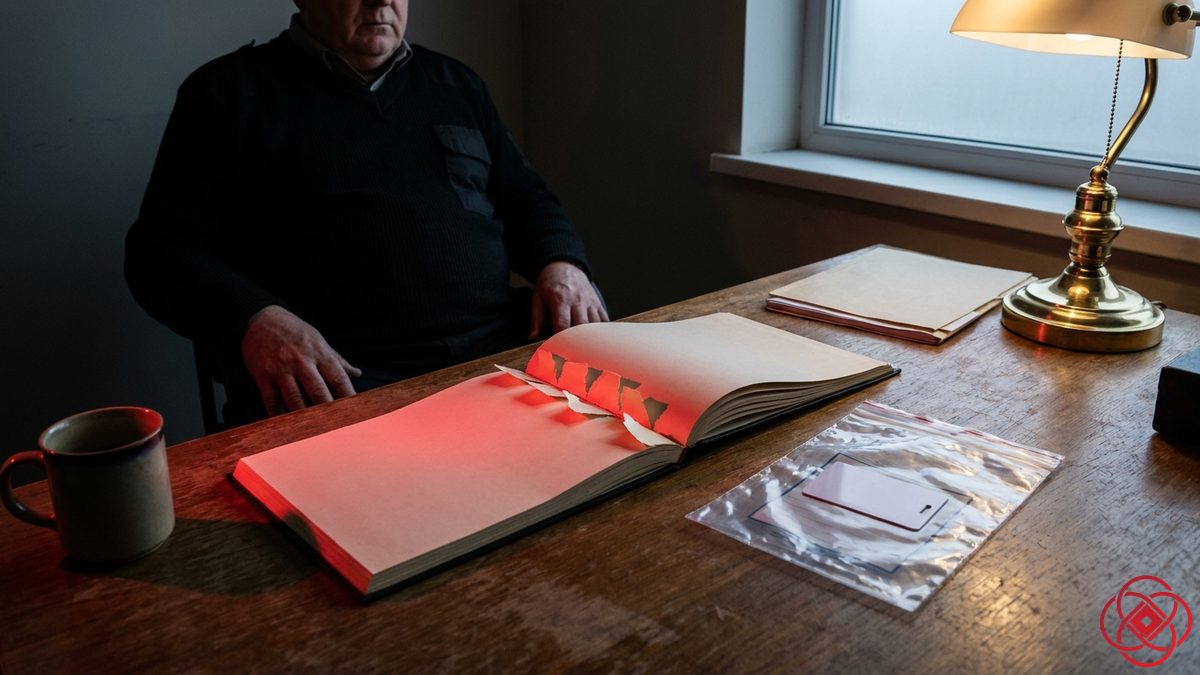 A man sits at a desk before an open logbook with pages torn out, the torn edges lit red, beside a bagged key card.