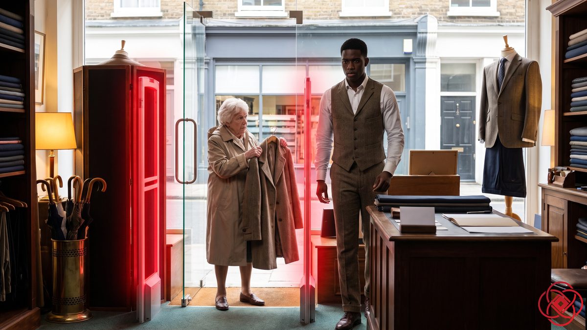 A shop's security gate glows red as an older woman stops in it holding up her own coat and a clerk steps over.