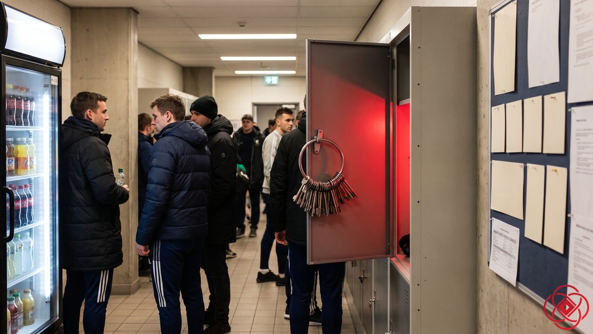 The staff master key ring left hanging on an open cubby door in a busy public corridor, lit red.