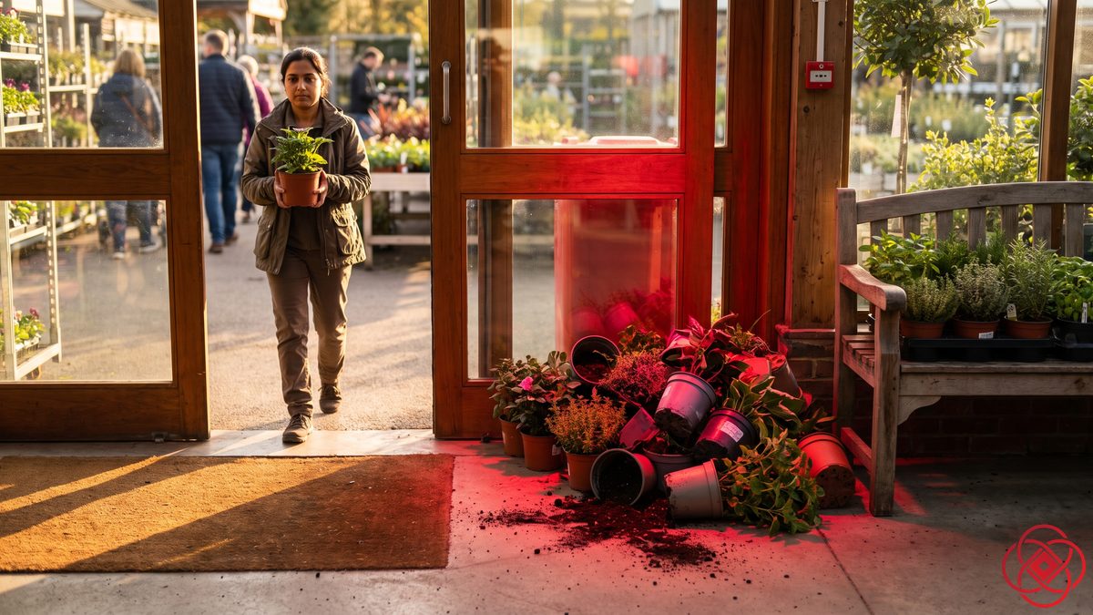 A pile of free two-for-one plants abandoned by the exit, lit red, as a shopper leaves with just one plant.