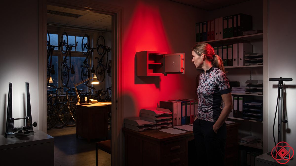 A small wall safe hangs open and empty in a bike shop's back office, lit red, the owner standing a step away.