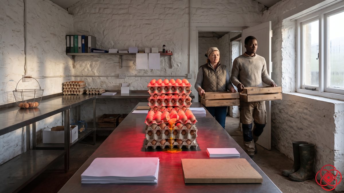 A stack of egg trays on a farm grading bench, one tray of crushed eggs in the middle leaking yolk and lit red.