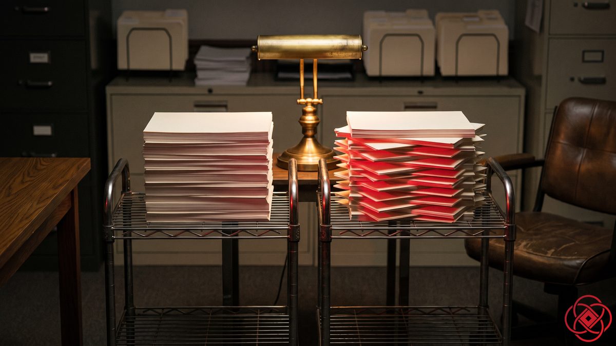 Two identical steel carts: one holds a neat stack of sheets, the other a stack of crosswise sheets lit red.