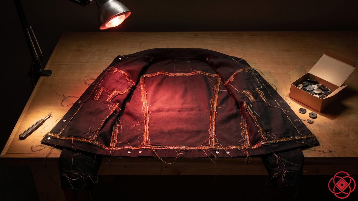 A jacket turned inside out on a bench, its seams held with glue instead of stitching, the seams lit red.