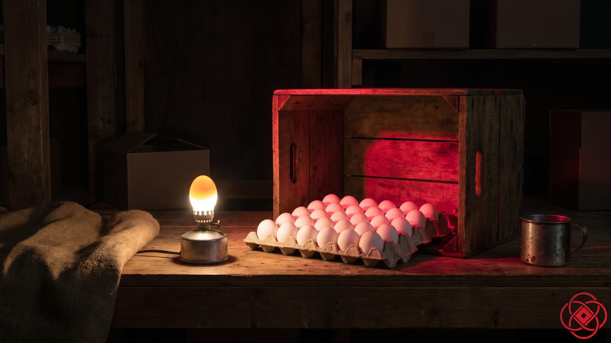 A candling lamp checks one egg while a full tray, lit red, already sits in the delivery crate unchecked.